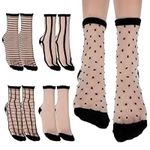 Lusofie 5Pairs Black See Through Socks Women Ankle Sheer Socks Transparent Socks Striped Plaid Dot Cute Mesh Socks for Women Girls