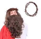 JESUS WIG & BEARD FANCY DRESS ACCESSORY KIT BROWN RELIGIOUS WIG WITH CROWN OF THORNS