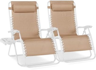 Best Choice Products Set of 2 Extra Wide Adjustable Steel Mesh Zero Gravity Lounge Chair Recliners w/Pillows and Cup Holder Trays - Sand/White