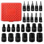 Torx Bit Set and Female Torx Socket Set 24PCS, LLNDEI 10 Star Socket Bits (T8-T40)& 14 Female E-Torx Sockets (E4-E24) 1/4" 3/8" 1/2", CR-V, Star Drive Socket Kit with Mini Storage Box