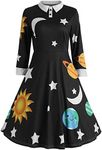 ZEZCLO Women's Long Sleeve Peter Pan Collar A-line Dress Halloween Costume Vintage Solar System Fit and Flare Dresses Black S