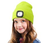 Rechargeable LED Lighted Hat, 4 LED head torch hat, Unisex Warm Knitted Winter Hats for Hiking, Biking, Camping, Christmas Tech Geek Gifts for Boys Girls Kids Yellow