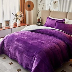 3-Layer Luxury Flannel Fleece Thick Bed Blanket Full Queen Size, Soft Plush Velvet Sherpa Blanket with 2 Pillow Shams Heavy Warm for Winter, Breathable n Washable, Purple