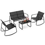 COSTWAY 4PCS Garden Furniture Set, Metal Frame Outdoor Conversation Set with Loveseat, 2 Rocking Chairs and Glass Coffee Table, Textilene Conservatory Table Sofa Dining Set for Backyard Poolside