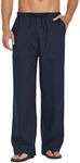 COOFANDY Mens Casual Linen Drawstring Pants Elastic Waist Lightweight Pant Summer Beach Yoga Trouser A- Navy Blue