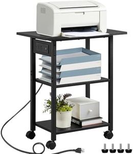 Lerliuo 3-Tier Printer Stand with Charging Station, Industrial Mobile Printer Table with Storage Shelf and Steel Frame, Rolling Printer Cart Holder with Lockable Wheels for Home, Office (Black)