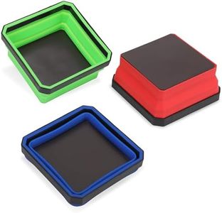 PR1ME Upgrade Collapsible Magnetic Parts Tray Set, 3 Pack, Foldable Magnetic Tool, 4.25 inch Square Silicone Bowls with Magnetic Base Stores and Organizes Small Parts and Tools