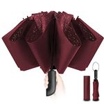 Compact Folding Umbrella Storm Proof - Automatic Windproof Red Folds Inward for Men and Women, 210T Teflon Coating 105cm Span, 10 Large Ribs Umbrella