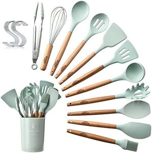 ZCOINS 12 Pieces+10 Hooks Silicone Cooking Utensils Set Kitchen Gadgets Turner Tongs Spatula Spoon with Wooden Handle for Nonstick Heat Resistant Cookware