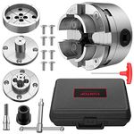 XUNTOP 4’’ 4-Jaw Self-Centering Lathe Chuck Set with 1" x 8TPI Threads, 3/4" x 16TPI Adapter, Round Jaws, Wide Bowl Jaws, Step Jaws, Pin Jaws, Woodworm Screw, Chuck Key, T Shape Wrench for Woodworking