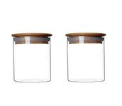 2 Piece Clear Glass Canister Food Storage Jar With Airtight Wood Lids Air Tight Storage Containers for Coffee Bean Loose Leaf Tea Containers Sugar Cookies Dry Fruit Nuts Candy Jars size 250ML/8.5oz