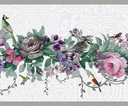 Dundee Deco DDAZBD9040 Peel and Stick Wallpaper Border - Floral Pink, Purple Flowers, Birds Wall Border Retro Design, 15 ft x 7 in (4.57m x 17.78cm), Self Adhesive