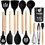 Fruitalite Silicone Kitchen Utensils Spoon Spatula Cooking 12 Pcs Set | Non-Stick with Wooden Handle- BPA Free, Heat Resistant Item, Flexible Non Toxic Silicon Cookware Tools with Holder- Black