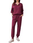 PINSPARK Two Piece Sets for Women 2024 Fall Travel Outfits Long Sleeve Lounge Set Tracksuit Sweatsuit Half Zip Jogger Sets Matching Sets Preppy Clothes,Magenta Purple Small