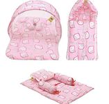 Fareto Combo Of Baby Cotton Mattress With Net | Sleeping Bag | 4 Pcs Bedding Set(0-6 Months, Pink, Size)