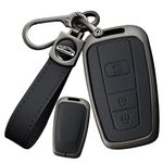 SANRILY Metal & Leather 3 Button Key Fob Cover Case Compatible with Toyota Camry 2018-2023 RAV4 4Runner Highlander Avalon C-HR Prius Prado Corolla GT86 Keyless with Keychain Black