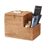 IGNPION Woven Square Tissue Holder Rattan Facial Tissue Box Cover Decorative Household Cube Tissue Organizer Box with Remote Control Storage Holder for House Office Car Hotel