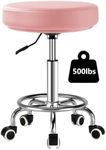 LIMKOMES Adjustable Rolling Stool with Wheels Heavy Duty 500lb Round RollingStool with Footrest, Patent Leather Drafting Stool Chair with Wheels Work Spa Salon Seat, Pink