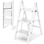 HBTower Step Ladder 3 Step Folding, Small Step Stool for Adults, Closet Step Stool Lightweight Kitchen Ladder 3 Step Ladder with Anti-Slip Wide Pedals, White