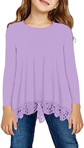 storeofbaby Little Girls Shirts Solid Color Winter Round Neck Lace Trim Tunic Tops