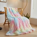 XeGe Plush Faux Fur Rainbow Throw Blanket, Tie Dye 50x60 Shaggy Furry Blanket Throw, Fluffy Microfiber Velvet Couch Blanket, Soft Colorful Fuzzy Lap Blanket for Girls Teens Women Kid Rainbow Print