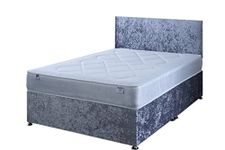 4FT Small Double Silver Crushed Velvet Divan Bed Set Including Deep Quilt Mattress And Headboard