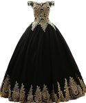 BessDress Gold Lace Appplique Quinceanera Dresses Off The Shoulder Prom Ball Gown BD389