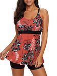 American Trends Tankini Bathing Suits for Women Two Piece Swimsuits with Shorts Athletic Swimming Suits, Red Floral, 14-16