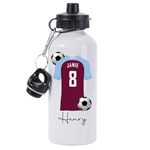 Pickhut Personalised Football 600ml White Aluminium Sports Water Bottle Back to School Gift for Kids, Customised with Name/Number/Text with Football Shirt Claret & Sky Blue Jersey Kit (D4)