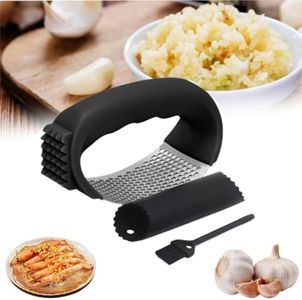 Stainless Steel Garlic Presser, 2024 New Garlic Press Rocker Garlic Mincer Garlic Crusher,Kitchen Garlic Press Mincer Crusher Solid Stainless Steel with Handle (Black)