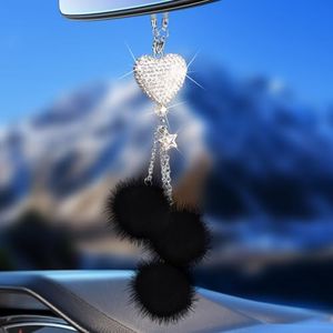 Bling Car Accessories Interior for Women - Girly Crystal Rearview Mirror Decor, Cute Rinestones Para Carro de Mujer, Car Mirror Decor Love Heart [Black Fuzzy Plush Ball]