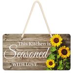 Emelivor Sunflower Kitchen Decor Seasoned with Love Sign Door Decor Hanging Wood Grain Welcome Sign Wall Pediment Sunflower Decorations for Home Kitchen Rustic Plaque