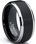 9MM Black Two Tone Tungsten Carbide Men's Brushed Wedding Band Ring, Comfort Fit Size 9.5