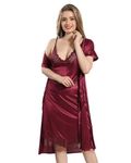 AV2 Women Satin Short Nighty with Lace & Robe Maroon 1381