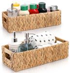 2 Pack Wicker Storage Baskets, Water Hyacinth Holder for Toilet Paper, Rectangular Natural Bins with Built-in Handles, Handwoven Organizer for Bathroom Kitchen Pantry Tank Top, 2 Sizes