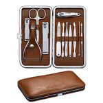 FAMILIFE Manicure Set Professional 12 in 1 Stainless Steel Manicure and Pedicure Set Nail Grooming Kit, Nail Clippers, Cuticle Trimmer, Cuticle Cutter with Brown Leather Protable Travel Case