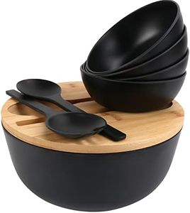 ShineMe Salad Bowls, Large Salad Bowl with Lid and Servers, Bamboo Salad Bowl Set with 4Pack Small Serving Bowls, 9.8inches Solid Kitchen Bowl for Fruits, Vegetables and Pasta...(Black)