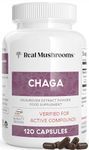 Real Mushrooms Chaga Extract (120ct) Immune and Digestive Support Organic Capsules - Non-GMO Supplement with Beta-Glucans