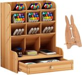 AUMA Wooden Desk Organizer, Multi-Functional DIY Pen Holder Box, Desktop Stationary, Home Office Supply Storage Rack with Drawer, Cell Phone Holder (Wood-01)