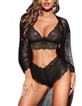 RSLOVE Sexy Lingerie for Women Lace Lingerie Set with Mesh Robe 3 Piece Set Sleepwear Nightwear Black Small