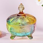 LWXPAIYY Glass Candy Dish with Lid,Rainbow Candy Jar with Lid 16oz,Colorful Embossed Vintage Candy Bowl with Lid for Office Desk Coffee Table,Buffet Storage Cookie Decorative Jar(Colored)