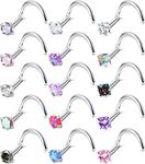 Thunaraz Hypoallergenic Nose Rings 15Pcs 18G Surgical Stainless Steel Nose Ring Studs Screw Studs Rings Cubic Zirconia Nose Ring Labret Nose Piercing Jewelry for Women Men