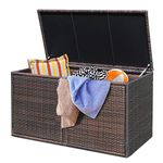 Tangkula Outdoor Wicker Storage Box, Garden Deck Bin with Steel Frame, Rattan Storage Box with Lid, Ideal for Storing Tools, Accessories, 88 Gallon Capacity (Brown)