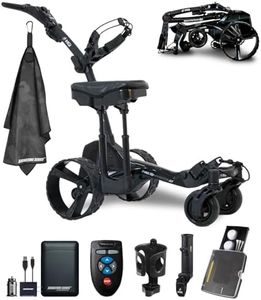 MGI Zip Navigator All Terrain Electric Golf Cart with Seat Attachment | Full Directional Remote Controlled Motorized Golf Push Cart with Accessories and Signature Series Golf Towel | Plays 36 Holes