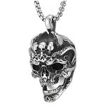 COOLSTEELANDBEYOND Mens Stainless Steel Large Vintage Skull Pendant Necklace with 30 inches Wheat Chain, Gothic Biker, Stainless Steel, not-applicable