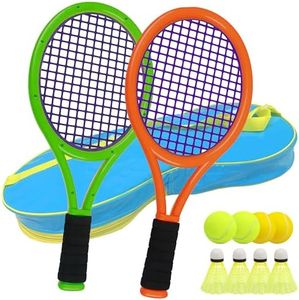 Nileatry Kid Tennis Racket with Bag,Plastic Racquet Include 2 Foam Ball,2 Tennis Ball,4 Badminton for Children,Toddler Outdoor/Indoor Sport Play (Deep Orange&Green)