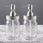 Mason Jar Soap and Lotion Dispenser Set with Rust Proof Stainless Steel Pumps and Lids, 16 oz Thick Clear Glass Soap Dispenser for Bathroom or Kitchen Modern Farmhouse Decor (Silver)