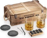 Mixology & Craft Whiskey Glasses and Stones – 10oz, Crystal, Whisky Glass Gift Set of 2 w/ 8 Granite Whiskey Stones, 2 Coasters & Vintage Crate - Whiskey Gift Sets for Men, Dad