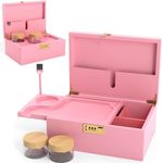 Pink Bamboo Wooden Stash Box with Lock, Wooden Rolling Tray and Glass Storage Jars - Storage and Rolling Box with Lock and Rolling Tray Kit (Pink Wooden Stash Box)