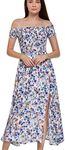 ZZV Womens Floral Print Off Shoulder Split Flowy Long Line Maxi Dress, Blue, Small